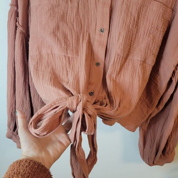 100% Cotton Shirt Button Down Tie Front Long Balloon Sleeve Size Medium - Picture 7 of 11